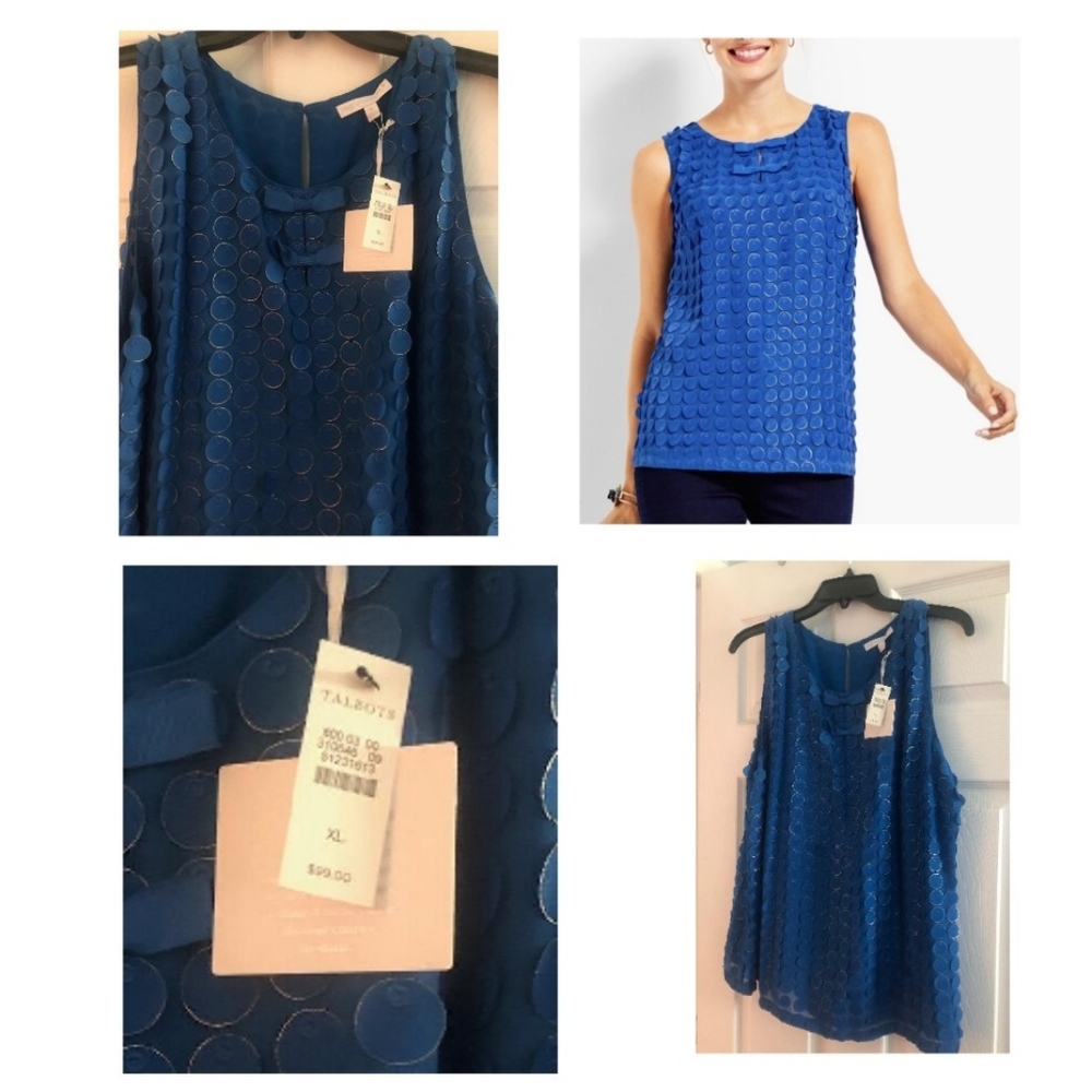 NWT Talbots RSVP Royal Blue Tank Top with gold rimmed circles and bow XL